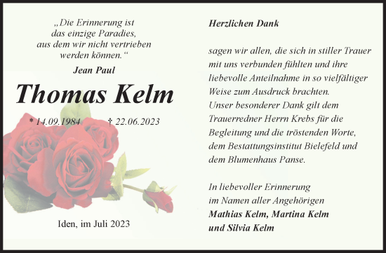 Traueranzeige von Thomas Kelm von Volksstimme Altmark Ost