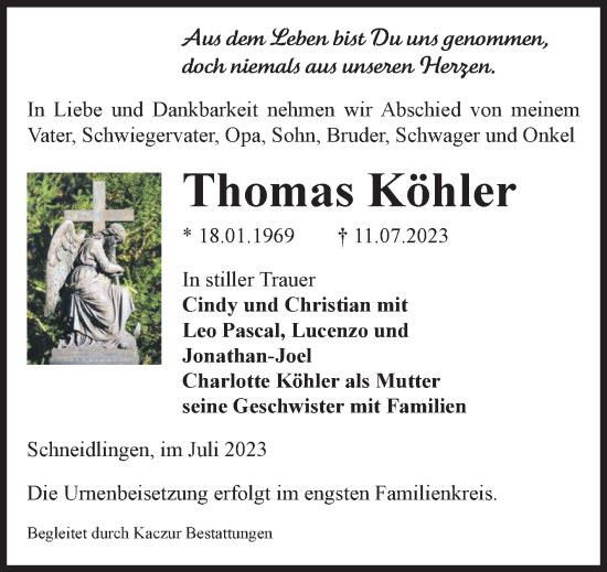 Traueranzeige von Thomas Köhler von Volksstimme Staßfurt