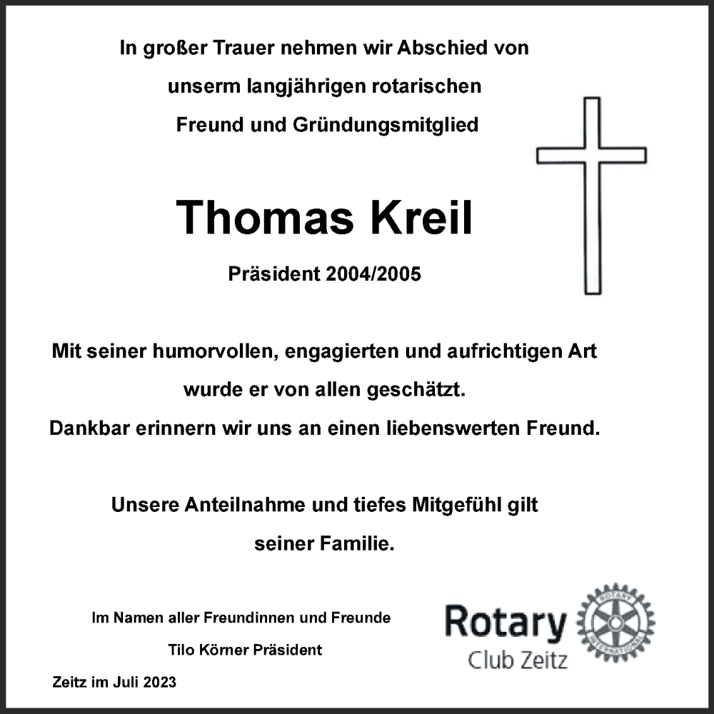  Traueranzeige für Thomas Kreil vom 22.07.2023 aus Super Sonntag Zeitz