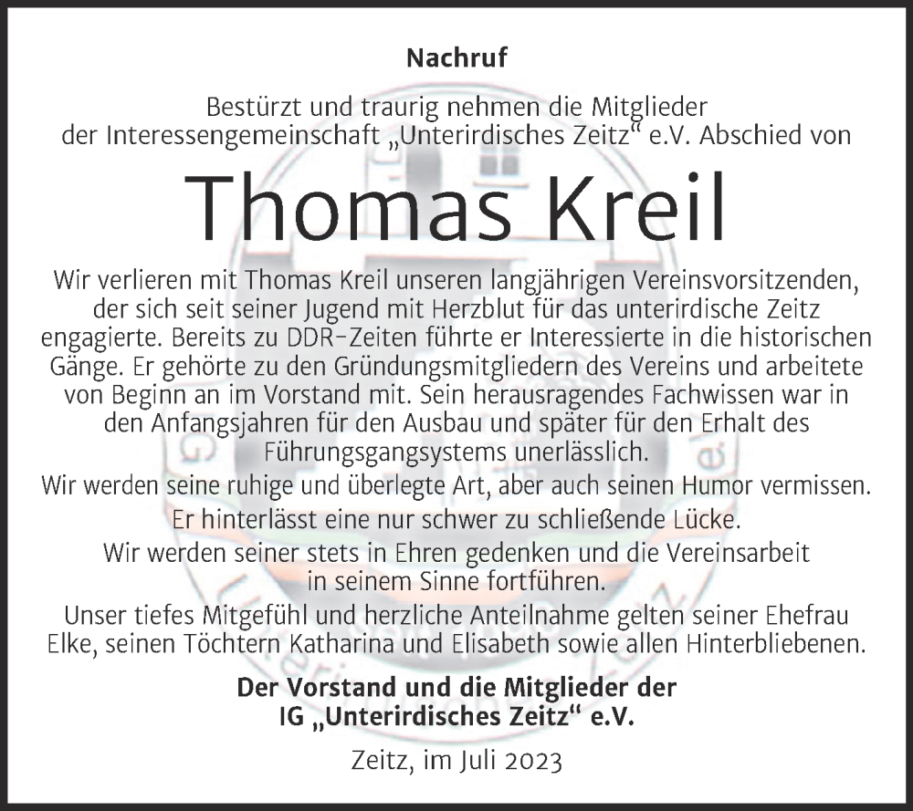  Traueranzeige für Thomas Kreil vom 22.07.2023 aus Trauerkombi Zeitz