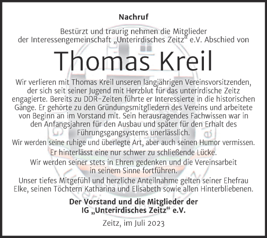 Traueranzeige von Thomas Kreil von Trauerkombi Zeitz