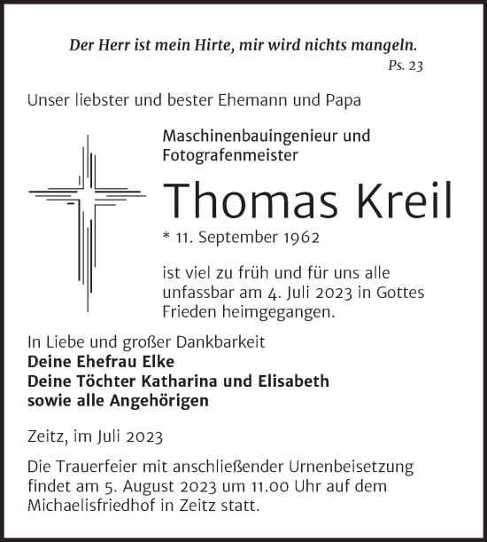 Traueranzeige von Thomas Kreil von Trauerkombi Zeitz