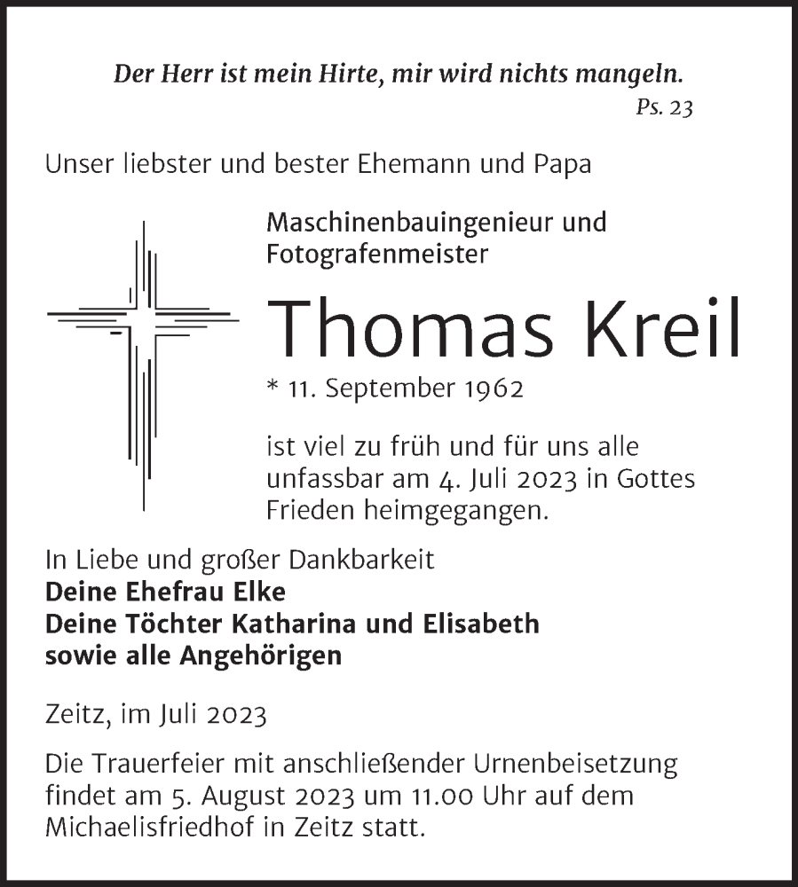  Traueranzeige für Thomas Kreil vom 15.07.2023 aus Trauerkombi Zeitz