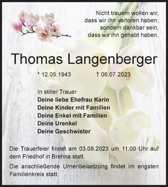 Traueranzeige von Thomas Langenberger von Mitteldeutsche Zeitung Bitterfeld