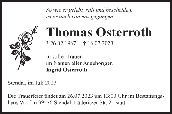 Traueranzeige von Thomas Osterroth von Volksstimme Altmark Ost