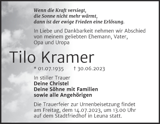 Traueranzeige von Tilo Kramer von Trauerkombi Merseburg
