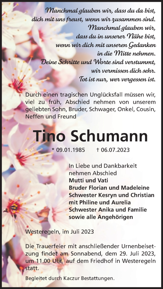 Traueranzeige von Tino Schumann von Volksstimme Staßfurt