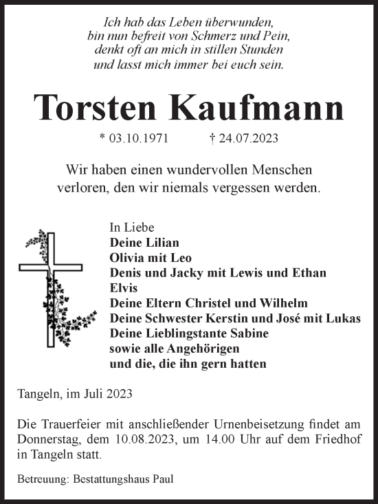 Traueranzeige von Torsten Kaufmann von Volksstimme Altmark West