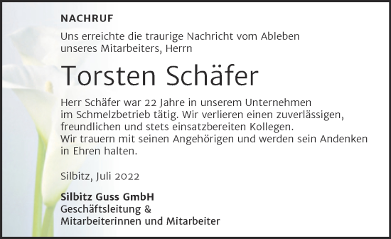 Traueranzeige von Torsten Schäfer von Mitteldeutsche Zeitung Zeitz