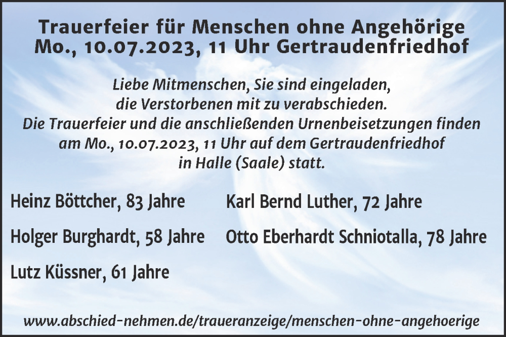  Traueranzeige für Menschen ohne Angehörige  vom 08.07.2023 aus Mitteldeutsche Zeitung Halle/Saalkreis