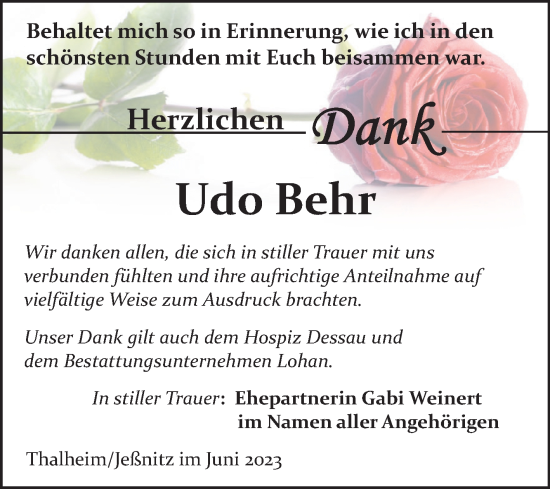 Traueranzeige von Udo Behr von Trauerkombi Bitterfeld