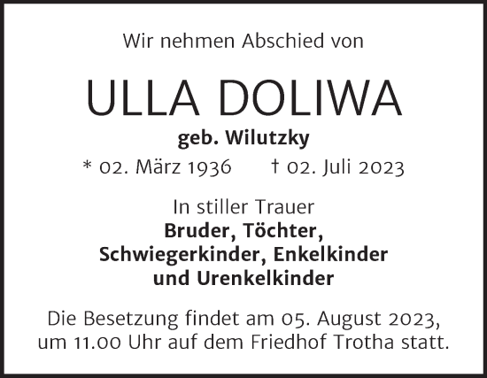 Traueranzeige von Ulla Doliwa von Mitteldeutsche Zeitung Halle/Saalkreis