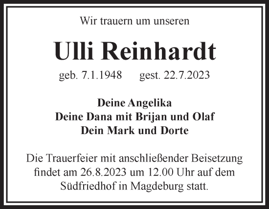 Traueranzeige von Ulli Reinhardt von Volksstimme Magdeburg