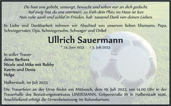 Traueranzeige von Ullrich Sauermann von Volksstimme Halberstadt