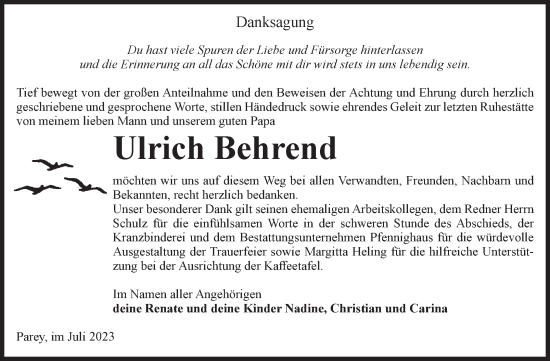 Traueranzeige von Ulrich Behrend von Volksstimme Burg/Genthin