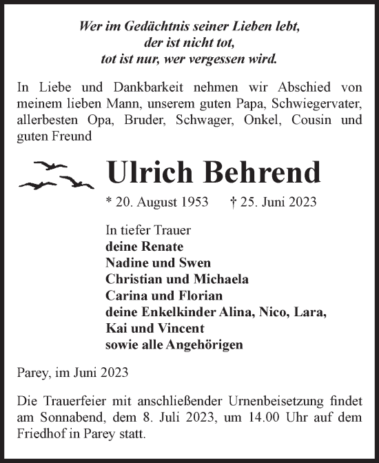 Traueranzeige von Ulrich Behrend von Volksstimme Burg/Genthin