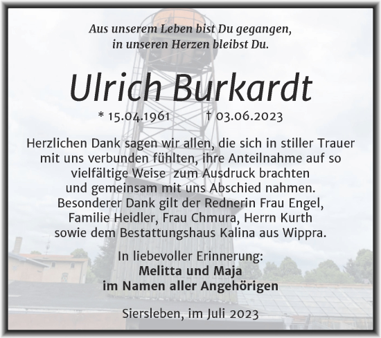 Traueranzeige von Ulrich Burkardt von Trauerkombi Mansfelder Land
