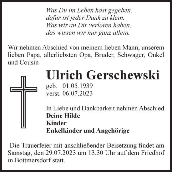 Traueranzeige von Ulrich Gerschewski von Volksstimme Oschersleben/Wanzleben