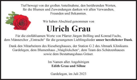 Traueranzeige von Ulrich Grau von Volksstimme Altmark West