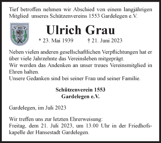 Traueranzeige von Ulrich Grau von Volksstimme Altmark West
