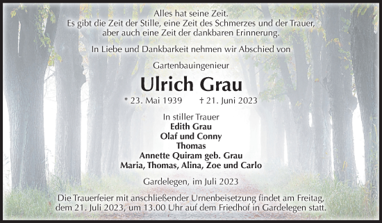 Traueranzeige von Ulrich Grau von Volksstimme Altmark West