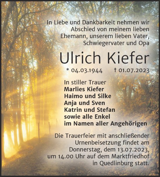 Traueranzeige von Ulrich Kiefer von Trauerkombi Quedlinburg