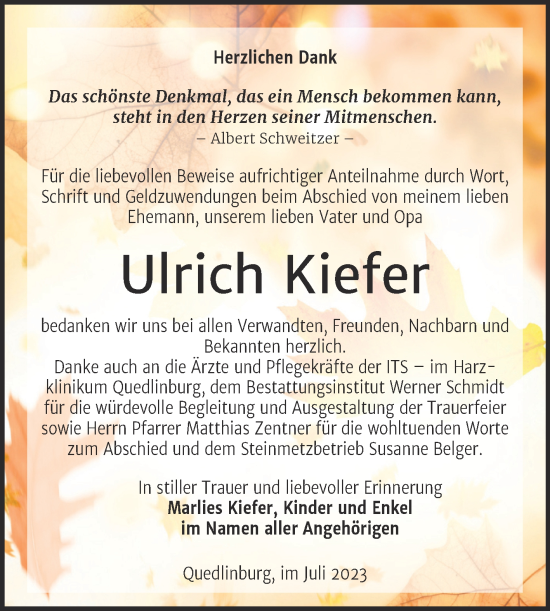Traueranzeige von Ulrich Kiefer von Trauerkombi Quedlinburg