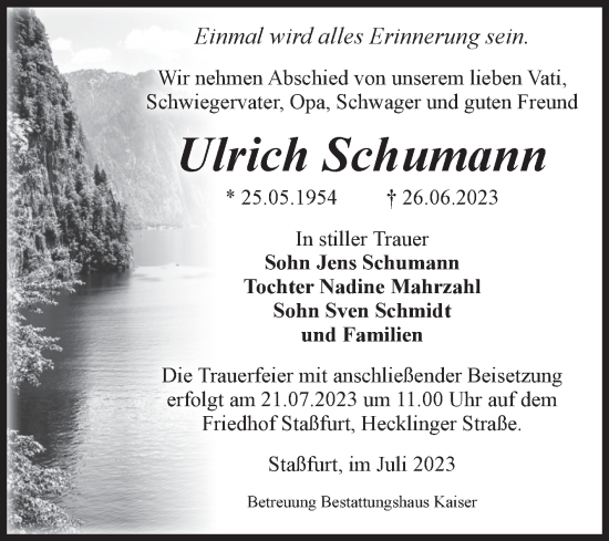 Traueranzeige von Ulrich Schumann von Volksstimme Staßfurt
