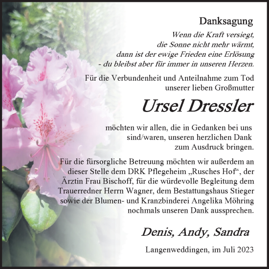 Traueranzeige von Ursel Dressler von Volksstimme Oschersleben/Wanzleben