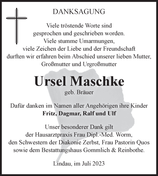 Traueranzeige von Ursel Maschke von Volksstimme Zerbst