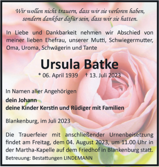 Traueranzeige von Ursula Batke von Volksstimme Wernigerode