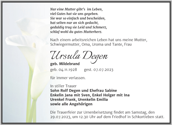 Traueranzeige von Ursula Degen von Trauerkombi Weißenfels