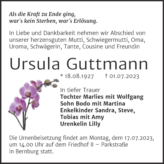 Traueranzeige von Ursula Guttmann von Trauerkombi Bernburg