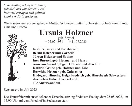 Traueranzeige von Ursula Holzner von Volksstimme Altmark Ost