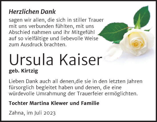 Traueranzeige von Ursula Kaiser von Trauerkombi Wittenberg