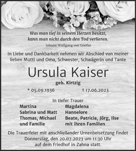 Traueranzeige von Ursula Kaiser von Trauerkombi Wittenberg