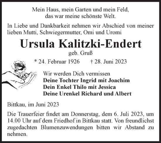 Traueranzeige von Ursula Kalitzki-Endert von Volksstimme Altmark Ost