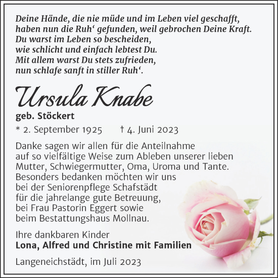 Traueranzeige von Ursula Knabe von Trauerkombi Merseburg