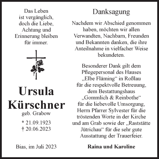 Traueranzeige von Ursula Kürschner von Volksstimme Zerbst