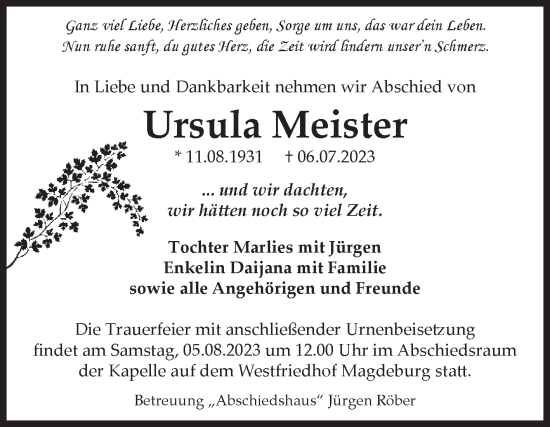 Traueranzeige von Ursula Meister von Volksstimme Magdeburg