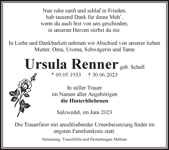 Traueranzeige von Ursula Renner von Volksstimme Altmark West