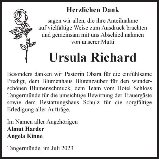 Traueranzeige von Ursula Richard von Volksstimme Altmark Ost