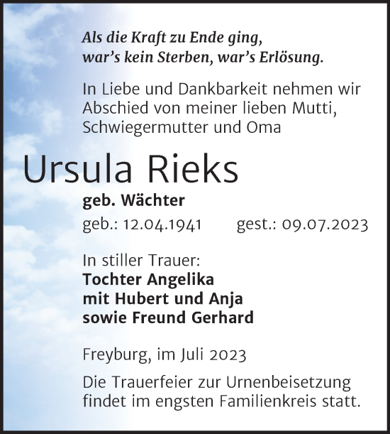 Traueranzeige von Ursula Rieks von Wochenspiegel Naumburg/Nebra