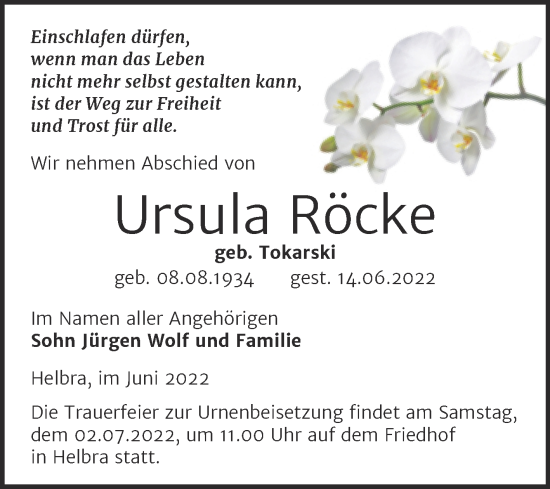 Traueranzeige von Ursula Röcke von Mitteldeutsche Zeitung Mansfelder Land