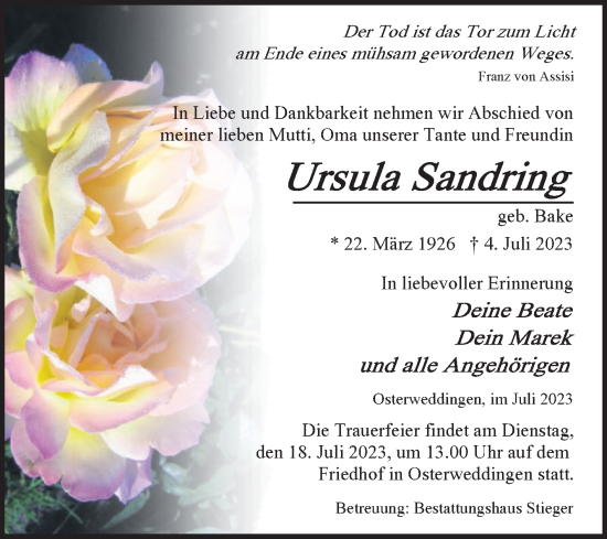 Traueranzeige von Ursula Sandring von Volksstimme Oschersleben/Wanzleben