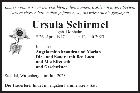 Traueranzeige von Ursula Schirmel von Volksstimme Altmark Ost