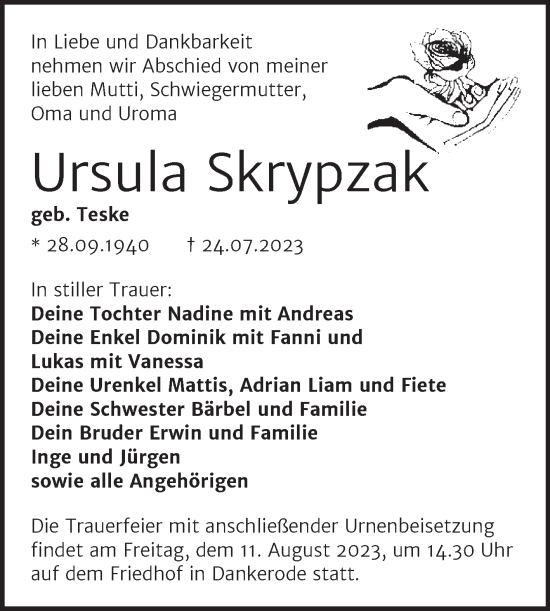 Traueranzeige von Ursula Skrypzak von Trauerkombi Quedlinburg