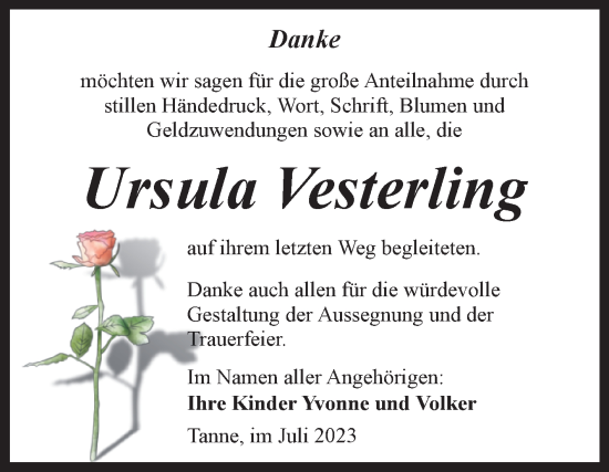 Traueranzeige von Ursula Vesterling von Volksstimme Wernigerode