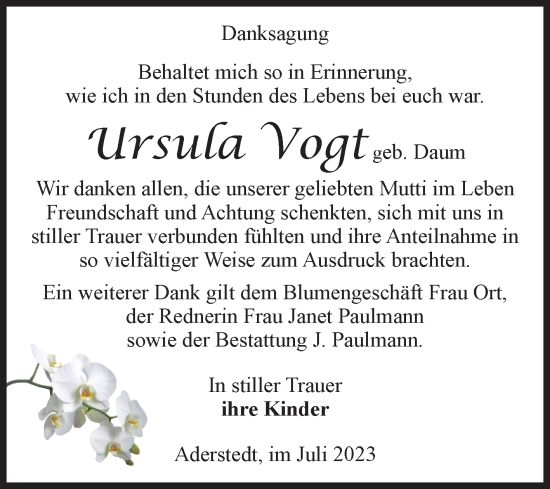 Traueranzeige von Ursula Vogt von Volksstimme Halberstadt
