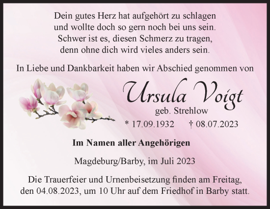Traueranzeige von Ursula Voigt von Volksstimme Schönebeck